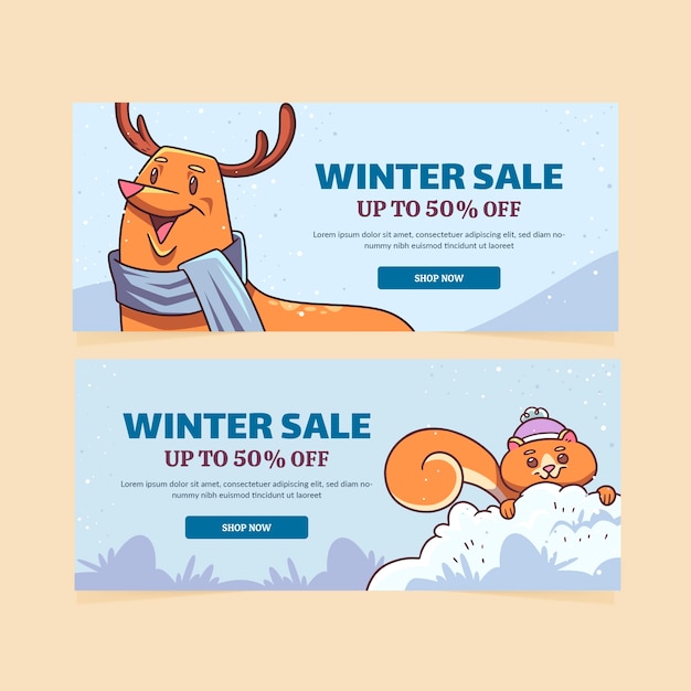 Hand drawn winter sale horizontal banners set