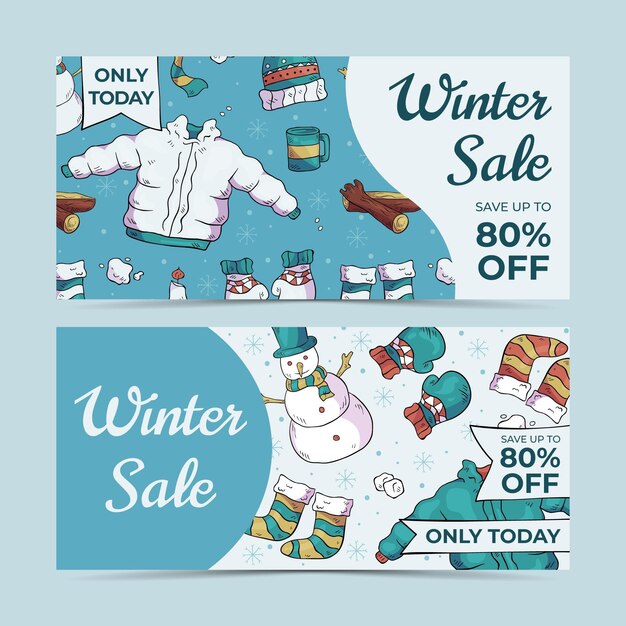 Hand drawn winter sale horizontal banners set