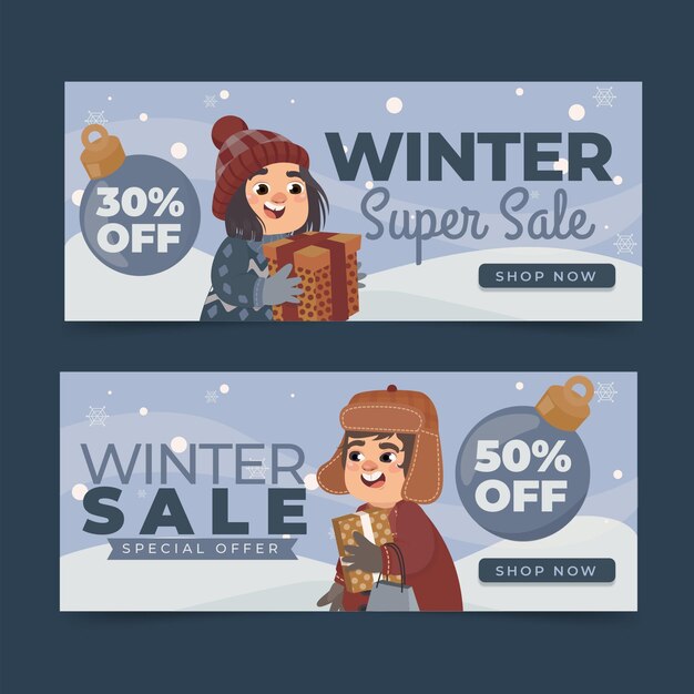 Hand drawn winter sale horizontal banners set