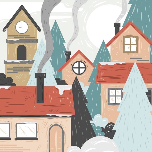 Hand drawn winter village illustration