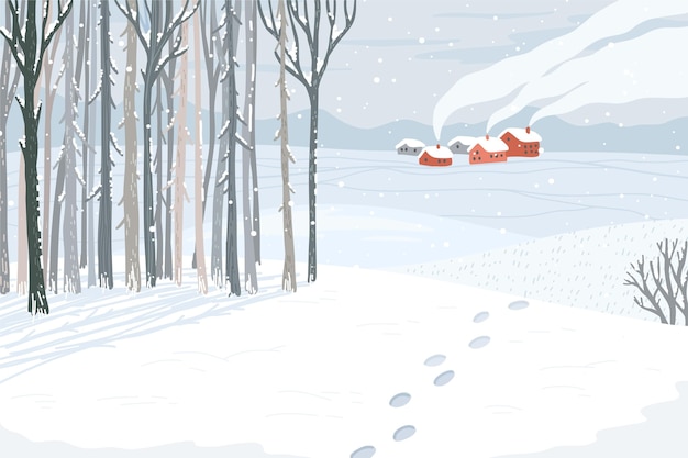 Hand drawn winter village illustration