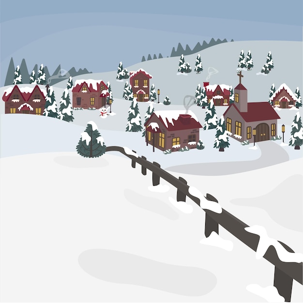 Hand drawn winter village illustration