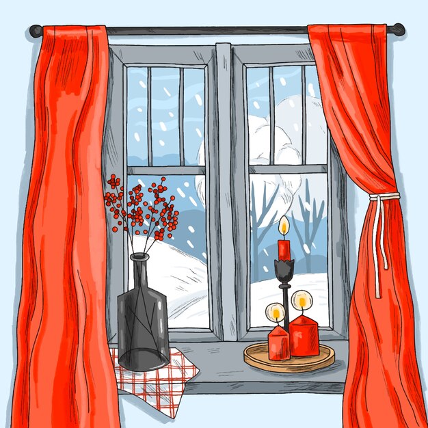 Hand drawn winter window illustration