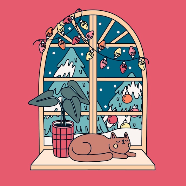 Hand drawn winter window illustration