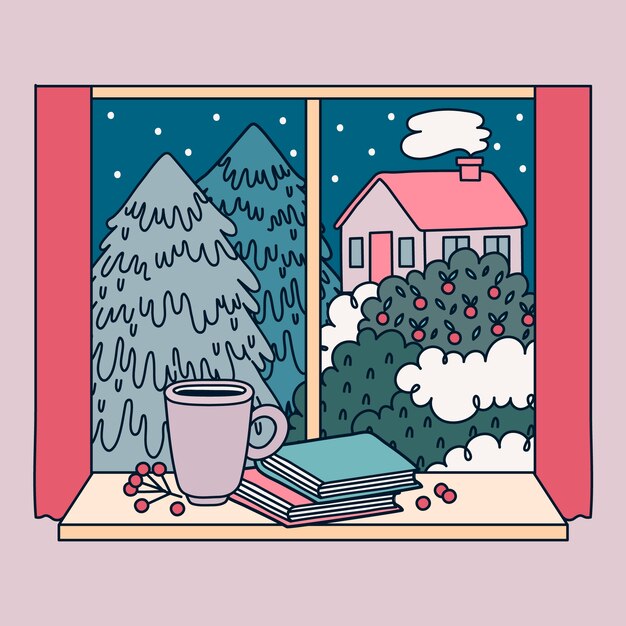 Hand drawn winter window illustration