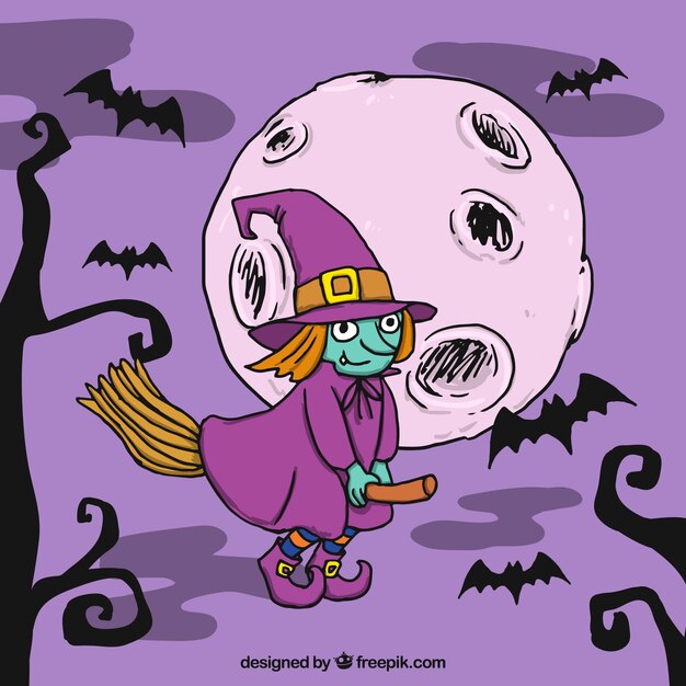 Hand drawn witch flying on broom