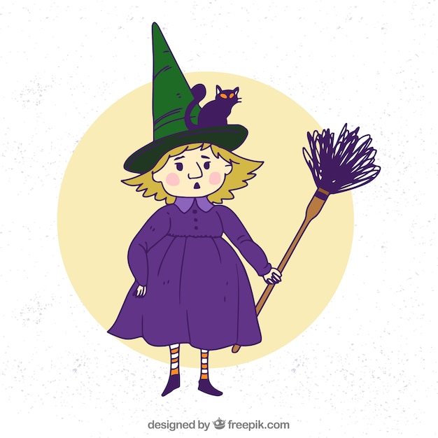 Free vector hand drawn witch with cat and broom