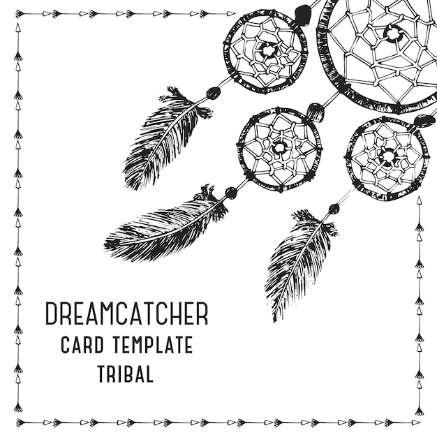 Hand-drawn with ink dreamcatcher with feathers. Ethnic illustration, tribal, American Indians traditional symbol. Card template.