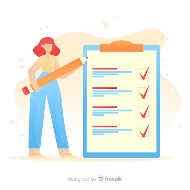 Hand drawn woman ckecking big checklist illustration