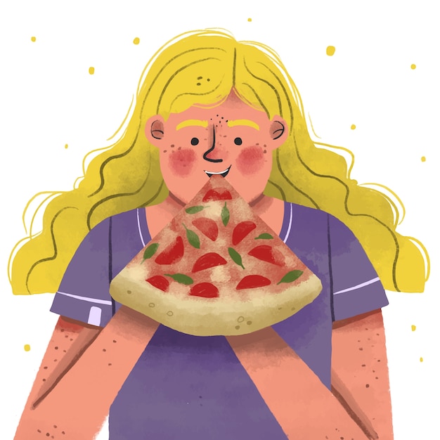 Free vector hand drawn woman eating pizza illustration