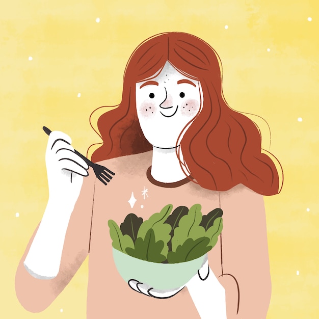 Free Vector hand drawn woman eating salad illustration