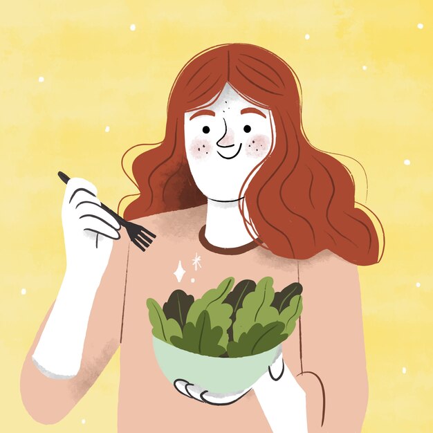 Hand drawn woman eating salad illustration