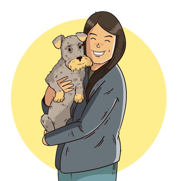 Hand drawn woman holding dog