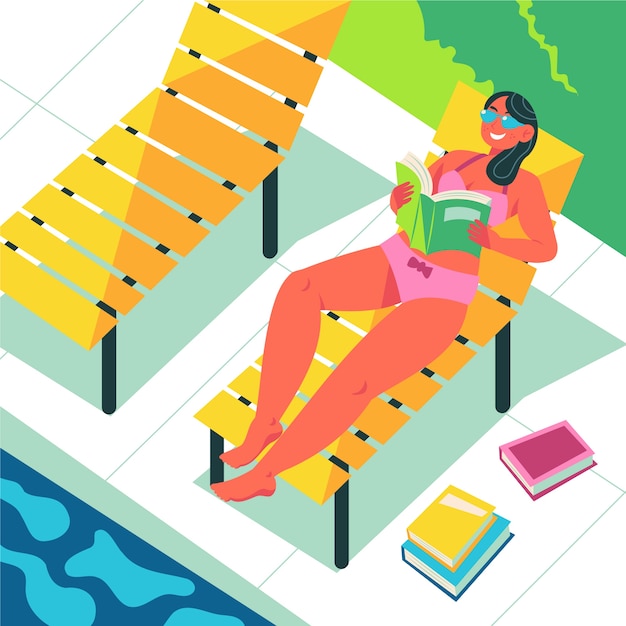 Free Vector hand drawn woman reading book at pool