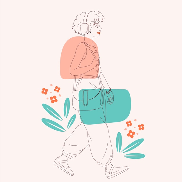 Hand drawn woman walking drawing ilustration