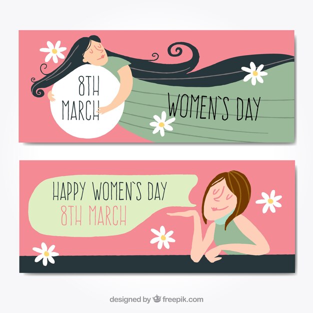 Hand-drawn women's day banners with decorative daisies