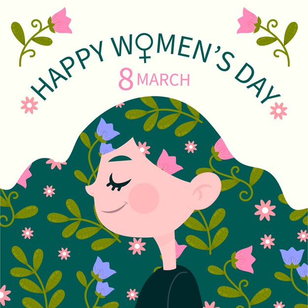 Hand drawn women's day female with flowers in her hair