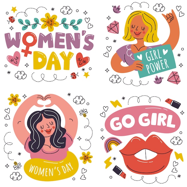 Hand drawn women's day stickers collection