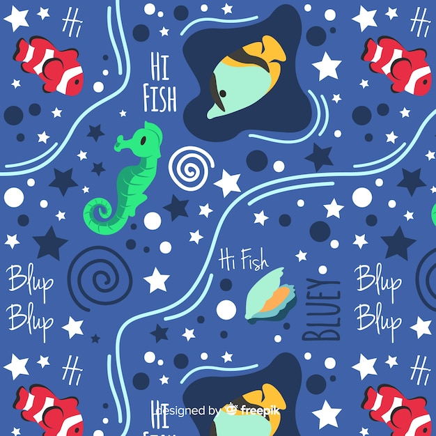 Hand drawn words and sea animals pattern