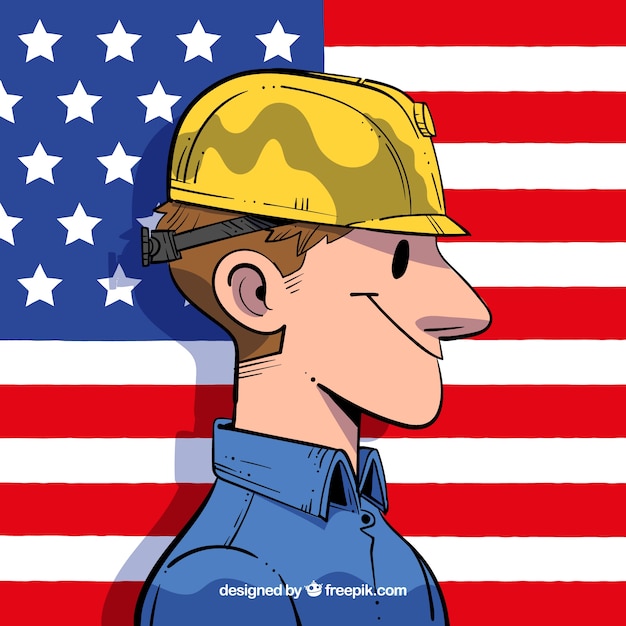 Free Vector hand drawn worker and american flag