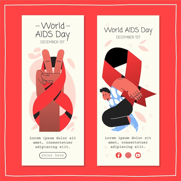 Free Vector hand drawn world aids day vertical banners set with peace sign and ribbon