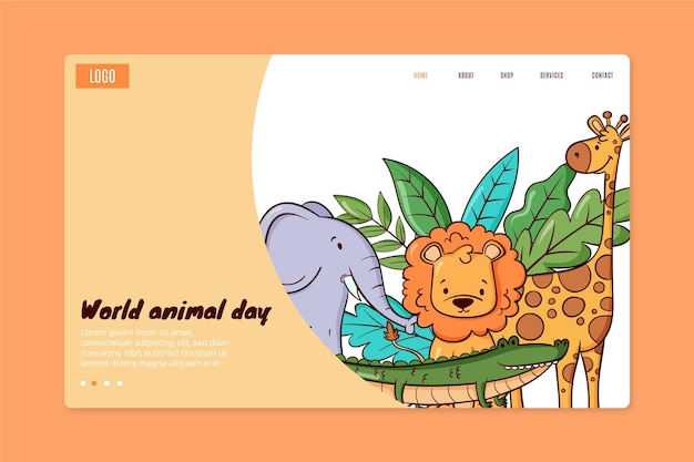 Hand drawn world animal day landing page template