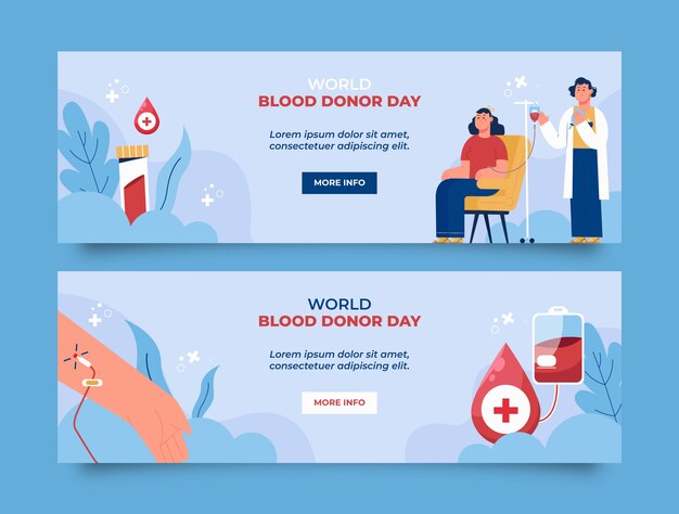 Hand drawn world blood donor day horizontal banners collection