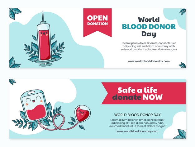 Hand drawn world blood donor day horizontal banners collection