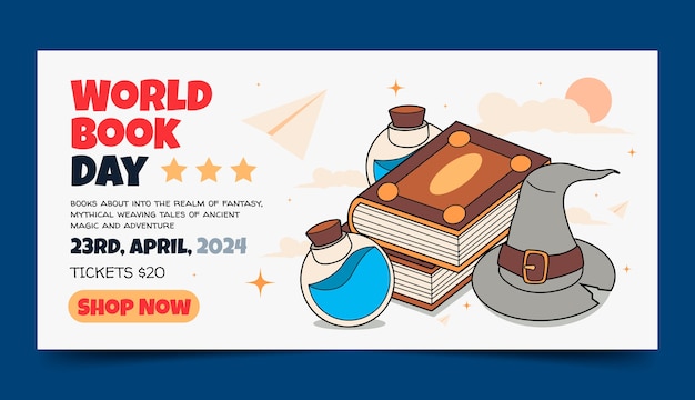 Hand drawn world book day celebration horizontal banner template