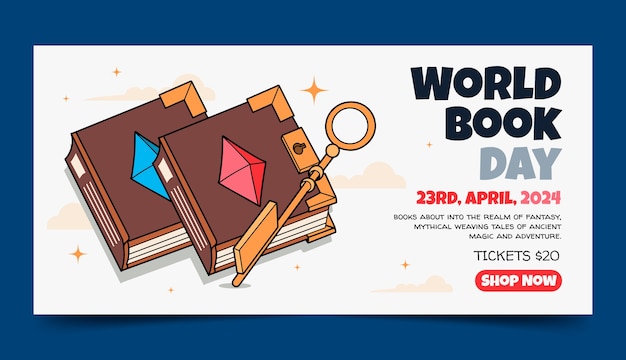 Hand drawn world book day celebration horizontal banner template