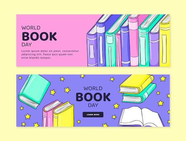 Hand drawn world book day horizontal banners set