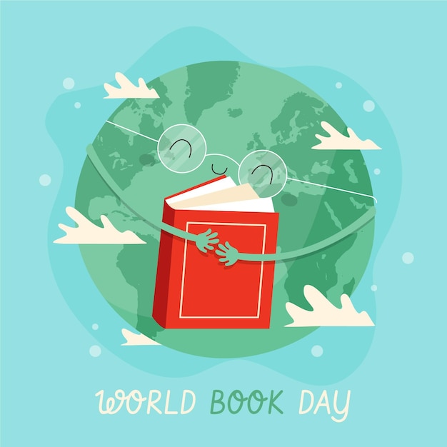 Hand drawn world book day illustration with planet hugging book