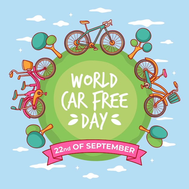 Free vector hand drawn world car free day with bicycles