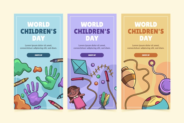 Free vector hand drawn world children's day instagram stories collection