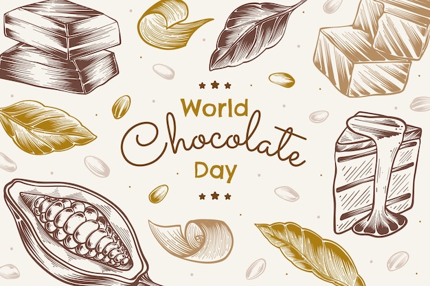 Hand drawn world chocolate day background with chocolate and cocoa bean