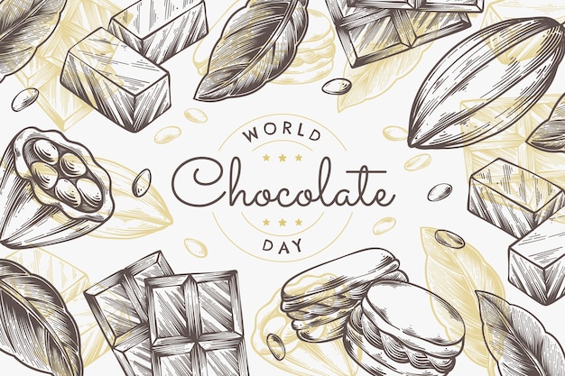 Free vector hand drawn world chocolate day background with chocolate and cocoa bean