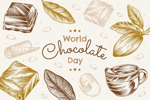 Free Vector hand drawn world chocolate day background with chocolate and cocoa leaves