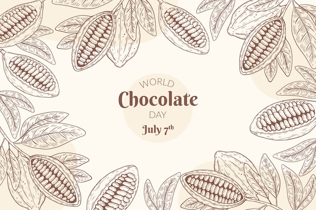 Hand drawn world chocolate day background with cocoa bean