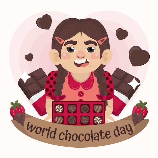 Free vector hand drawn world chocolate day illustration with chocolate and girl