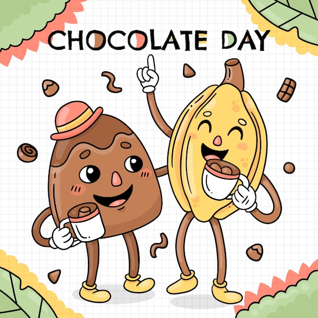 Hand drawn world chocolate day illustration with cocoa bean and ice cream