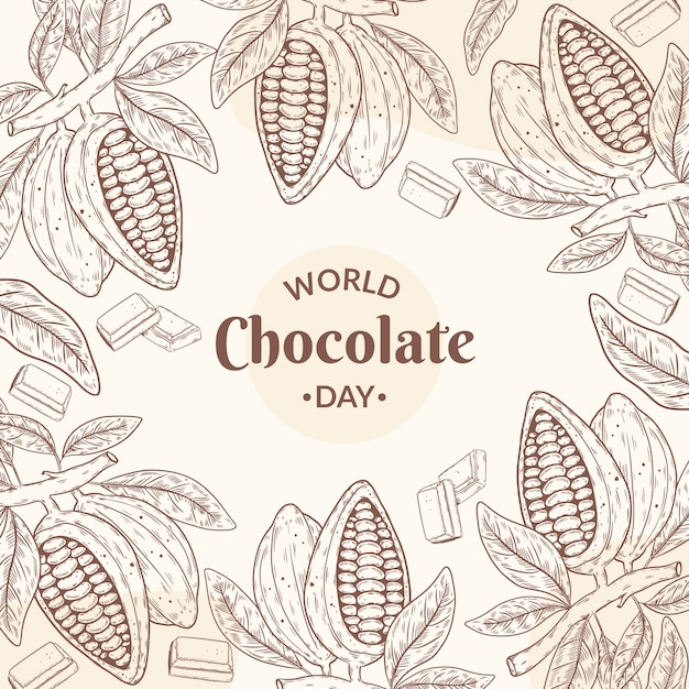 Hand drawn world chocolate day illustration with cocoa beans