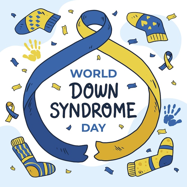 Hand-drawn world down syndrome day illustration with ribbon and socks