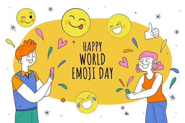 Hand drawn world emoji day background with people firing confetti