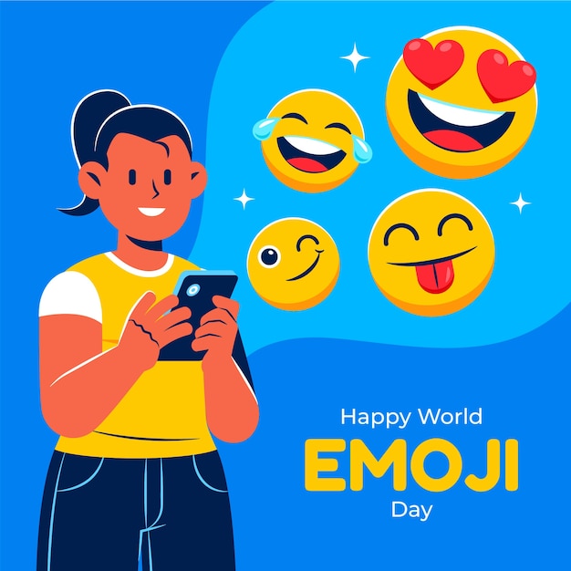 Free vector hand drawn world emoji day girl with phone illustration