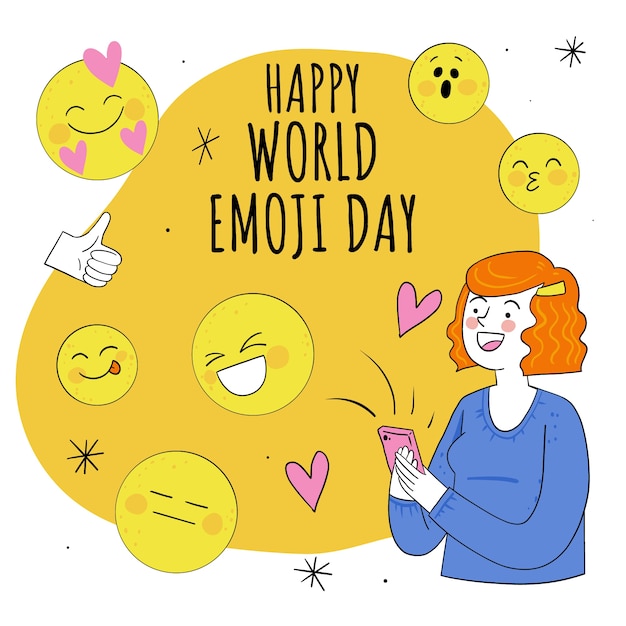 Hand drawn world emoji day illustration with woman using smartphone