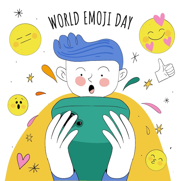 Hand drawn world emoji day illustration with woman using smartphone