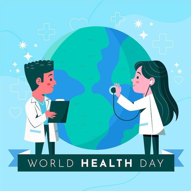 Free Vector hand drawn world health day illustration with doctors consulting planet