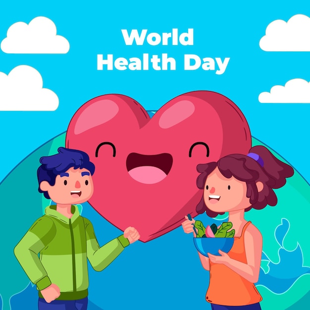 Hand drawn world health day illustration with people eating salad and heart