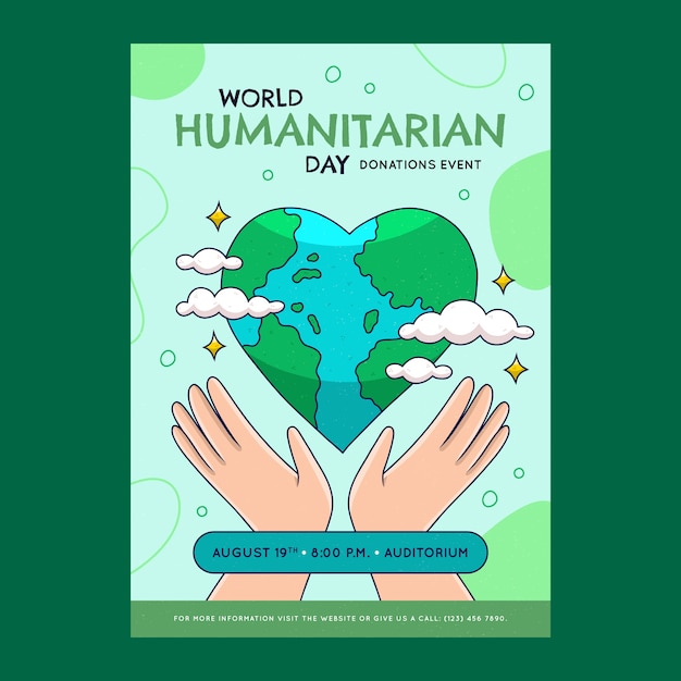 Hand drawn world humanitarian day poster template with hands and planet