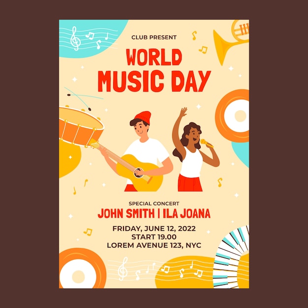 Free vector hand drawn world music day flyer template